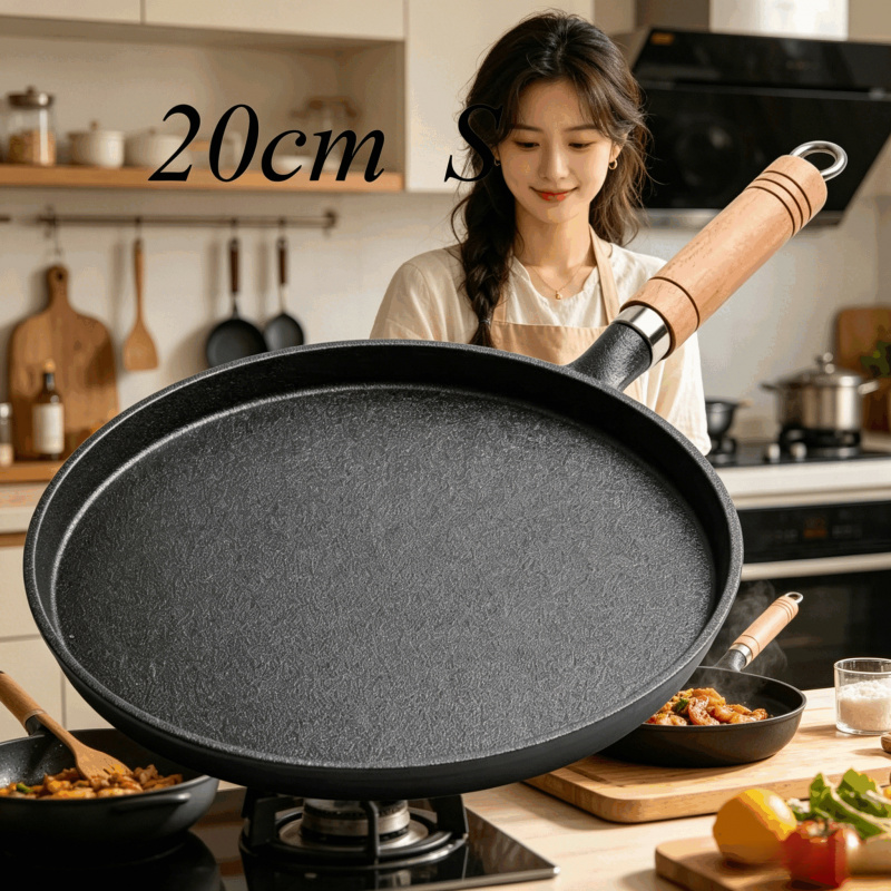 Electric Griddle Pancake - 20cm 鋳鉄製フライパン 木製ハンドル付き – 無塗装プレシーズン加工済みフライパン（卵、クレープ、ステーキ、パンケーキ用）、ガス＆IH調理器対応